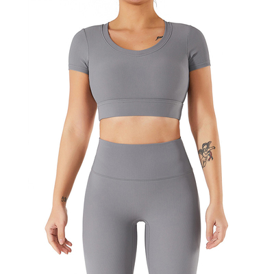 Grey White Short Sleeve Crop Top Fast Dry Midriff Baring Shirts For Summer