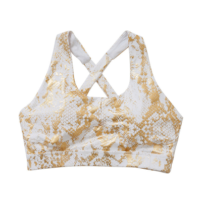 Metallic Running Shockproof Ladies Sports Bras Gold Snake Print Cross Back Yoga Bra