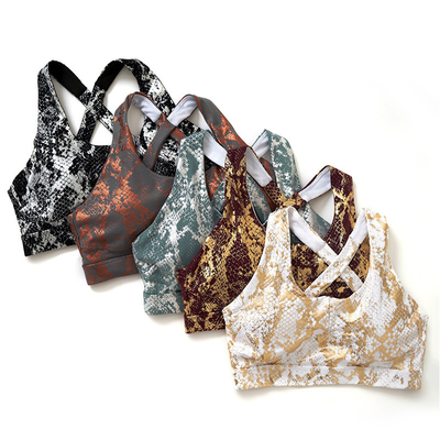 Metallic Running Shockproof Ladies Sports Bras Gold Snake Print Cross Back Yoga Bra